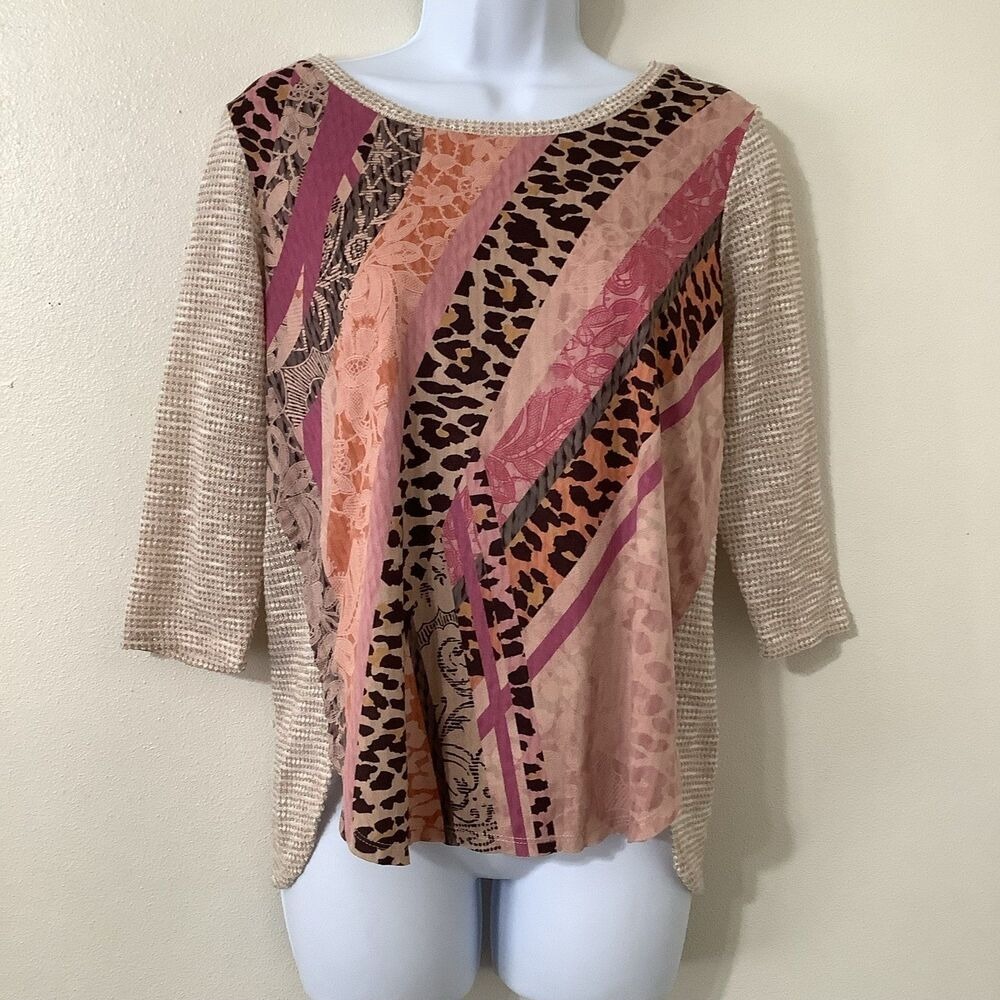 Pink Patchwork 3/4‎ Sleeve Top PS Animal Print Boho Artsy Festival Funky Knit